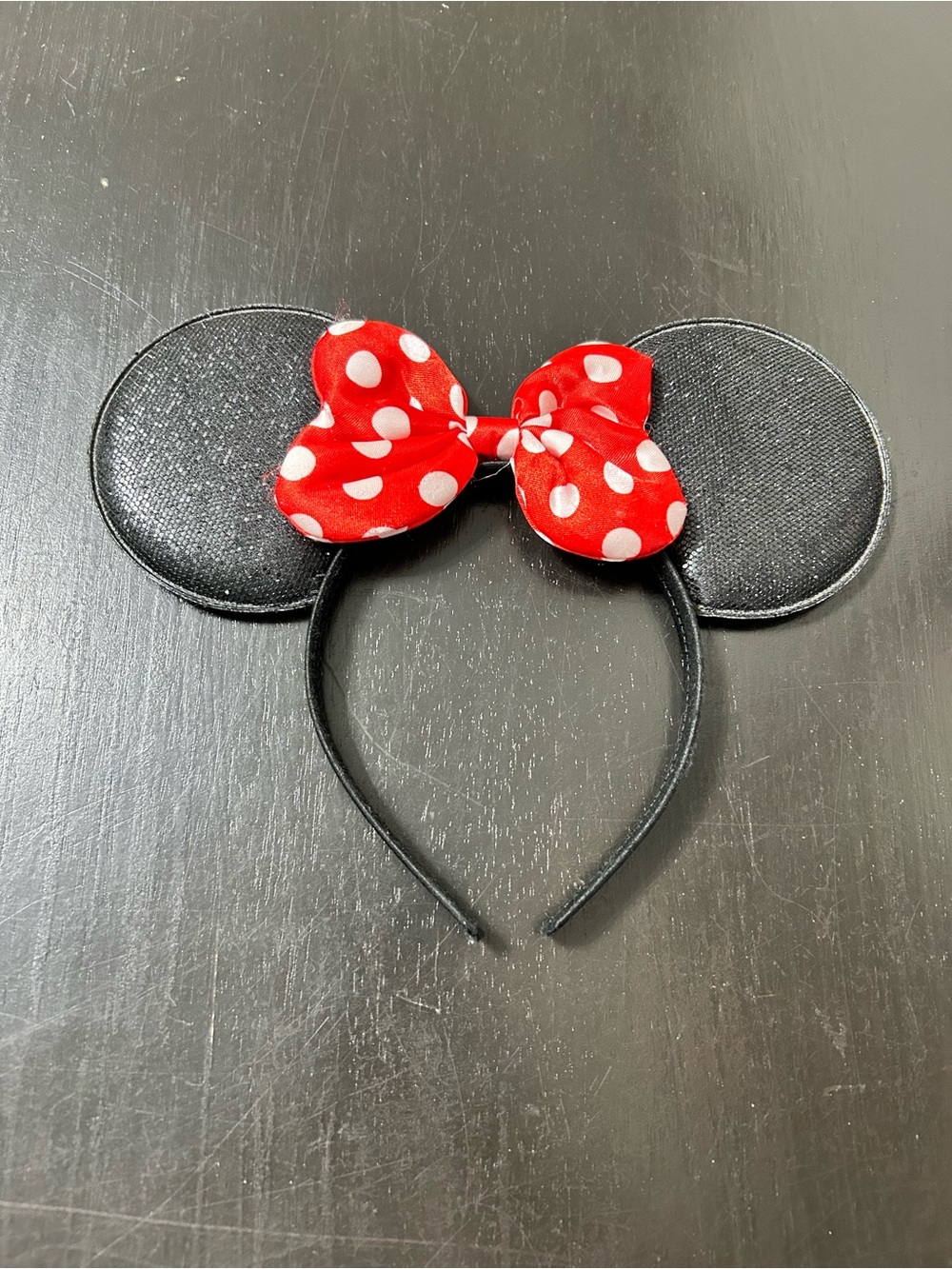 Black Minnie Ear Headband with Red Polka Dot Bow